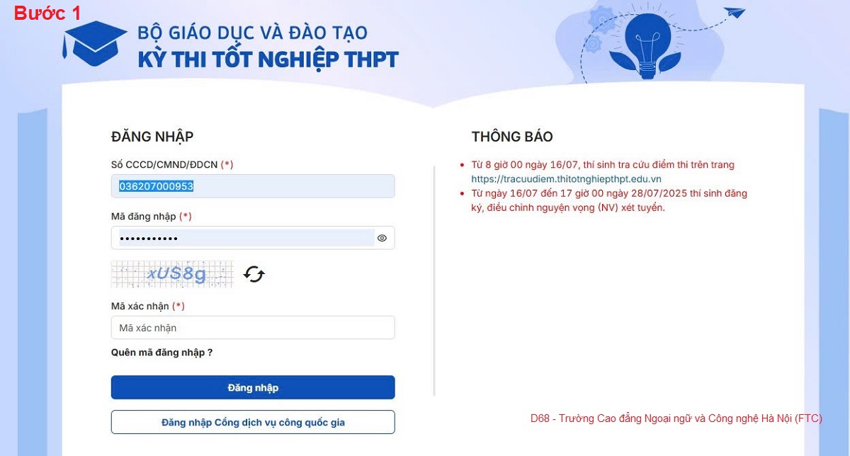 Hướng dẫn đăng ký Nguyện vọng vào FTC trên cổng thông tin của Bộ GD&ĐT năm 2025
