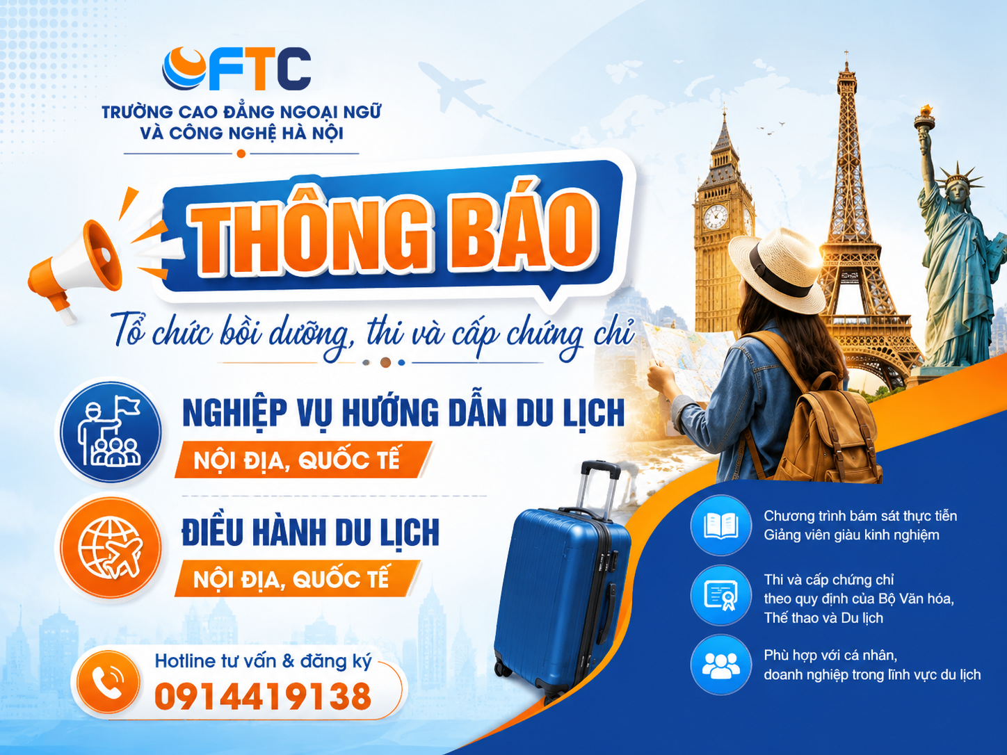 Thông báo về việc Bồi dưỡng, thi và cấp chứng chỉ Nghiệp vụ Hướng dẫn du lịch và Điều hành du lịch nội địa và quốc tế (Đợt thi Tháng 09/2026)